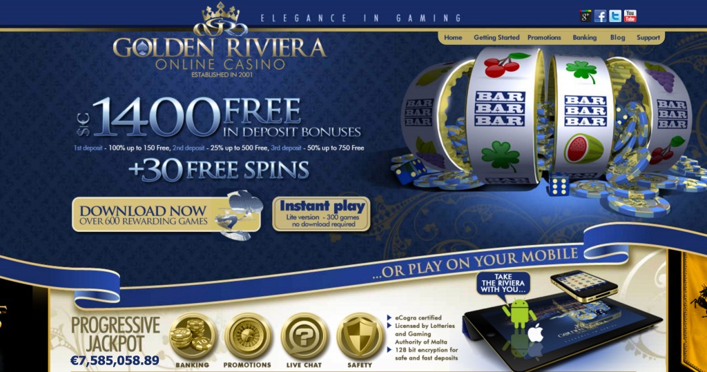 Golden Riviera Casino $€£1400 plus 30 free spins
